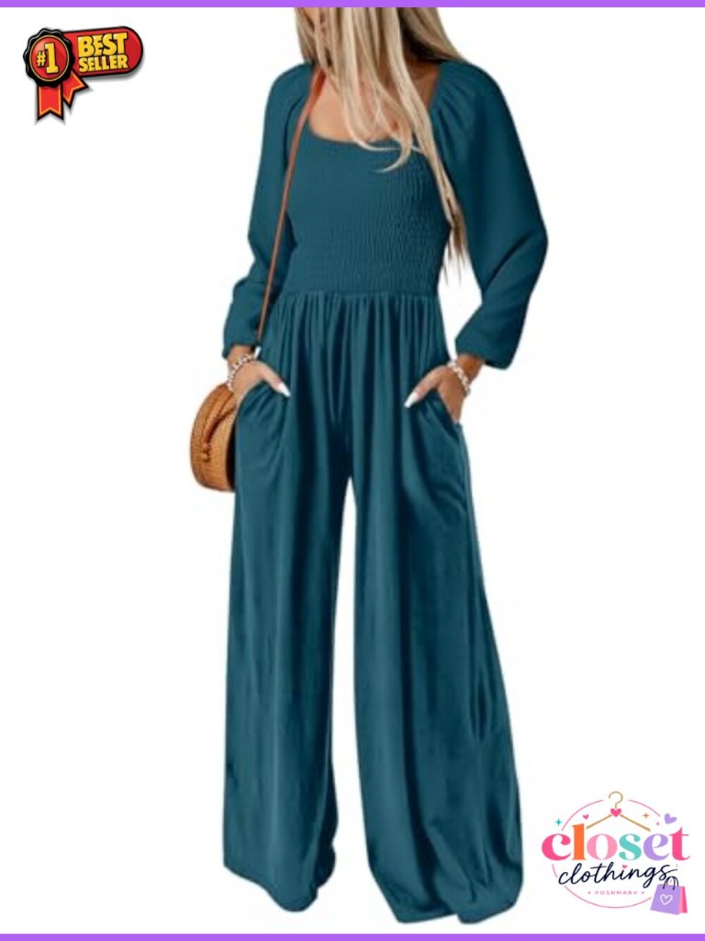 Women's Long Sleeve Wide Leg Jumpsuit One Piece Romper with Pockets